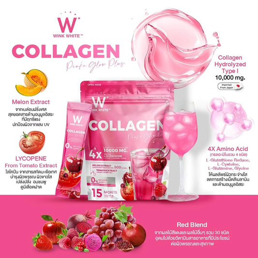 Wink White Collagen Pink Glow Plus 15 Sachets Hydrolyzed Collagen Type I 10000 mg Drink Mix with L-Glutathione Melon Extract Lycopene No Sugar Added - ZM Cosmetics