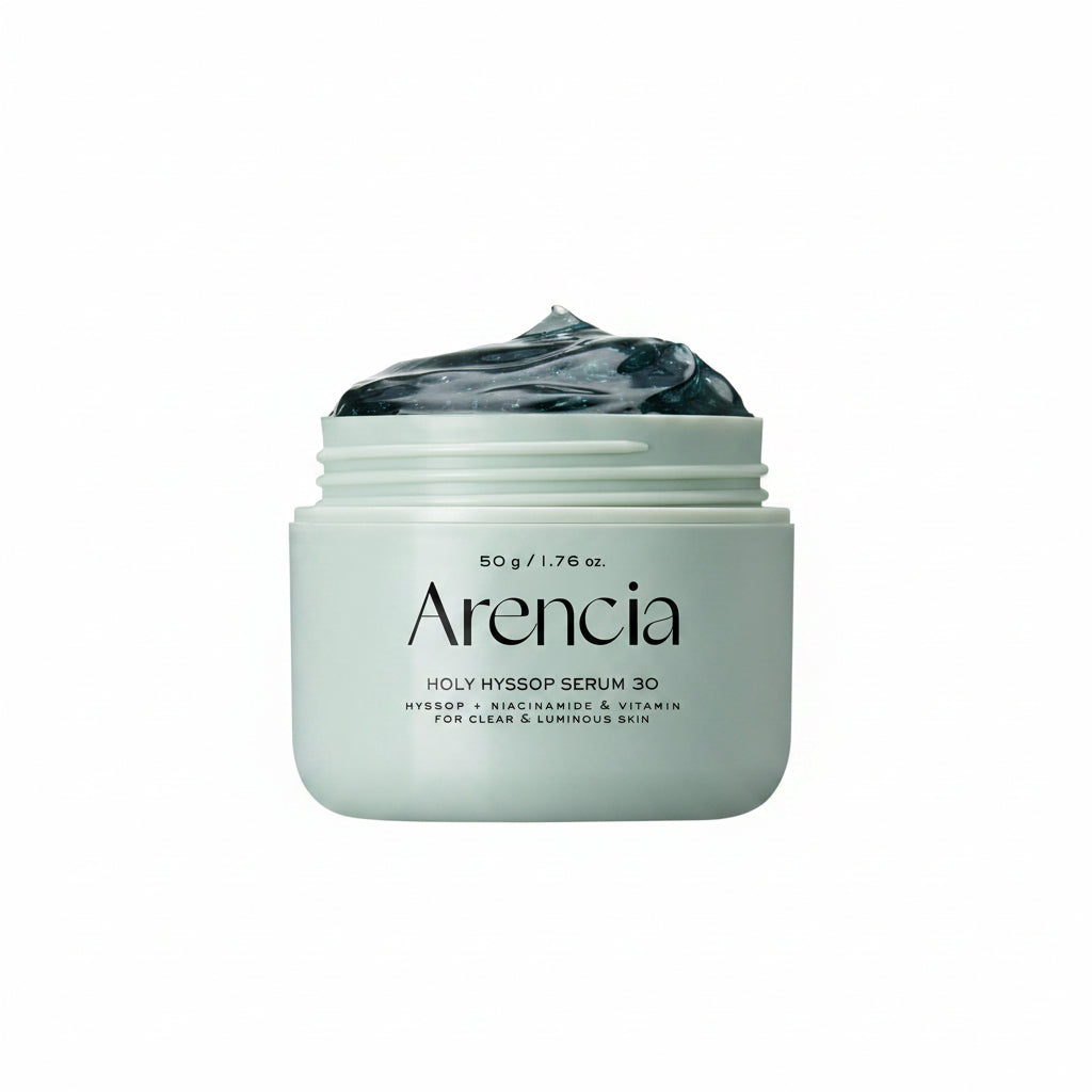 Arencia Holy Hyssop Serum 30 jar with dark blue gel on a white background