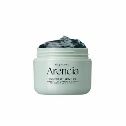 Arencia Holy Hyssop Serum 30 jar with dark blue gel on a white background
