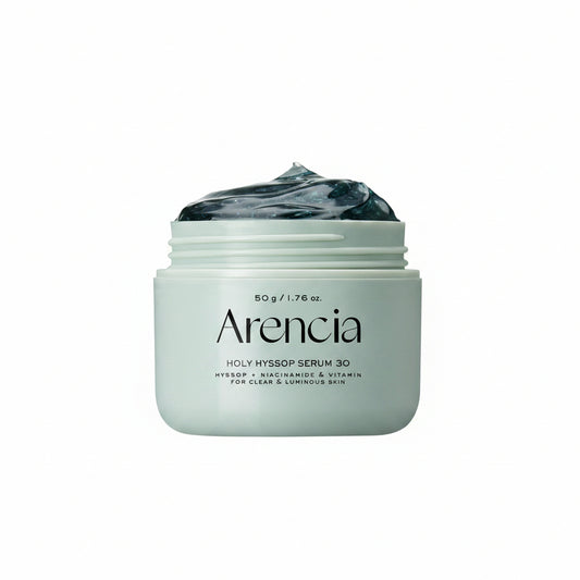 Arencia Holy Hyssop Serum 30 jar with dark blue gel on a white background