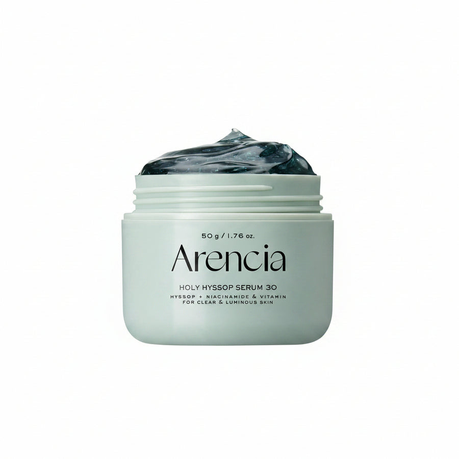 Arencia Holy Hyssop Serum 30 jar with dark blue gel on a white background