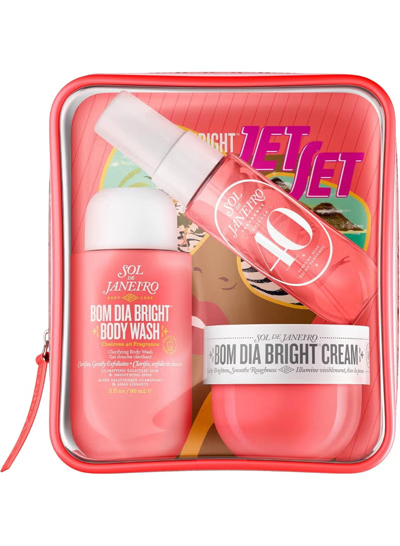 Sol de Janeiro Bom Dia Bright Jet Set – Body Cream, Body Wash & Perfume Mist Travel Kit, Cheirosa 40 Fragrance Set, Brightening & Smooth Skin Care Gift Set