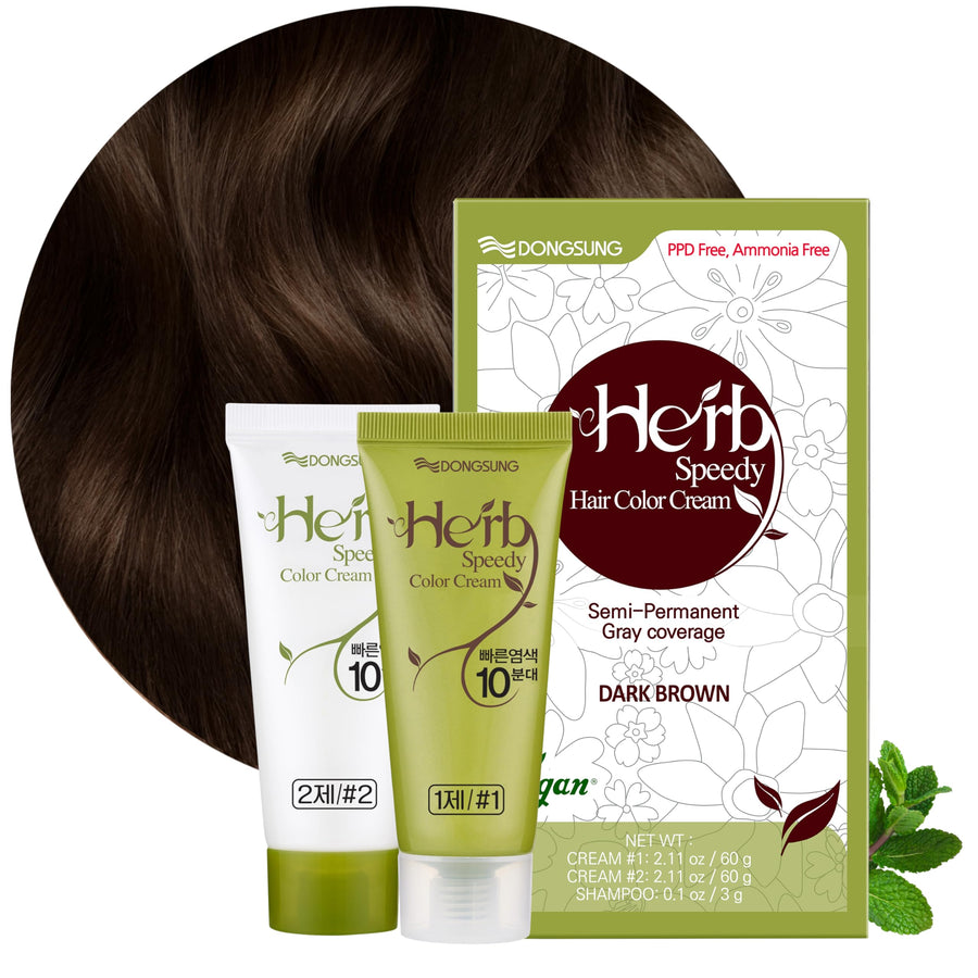 DONGSUNG Herb Speedy Color Cream Dark Brown, 1 Pack , PPD Free Ammonia Free Vegan Hair Dye with Sun Protection, Odorless, Gentle for Sensitive Scalp, No Eye or Scalp Irritation - ZM Cosmetics