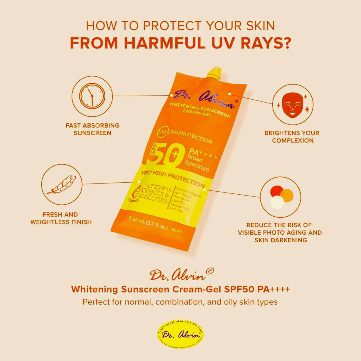 Dr. Alvin Whitening Sunscreen Cream-Gel, SPF 50, UVA/UVB Protection - ZM Cosmetics