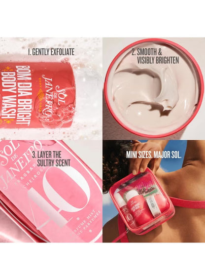 Sol de Janeiro Bom Dia Bright Jet Set – Body Cream, Body Wash & Perfume Mist Travel Kit, Cheirosa 40 Fragrance Set, Brightening & Smooth Skin Care Gift Set