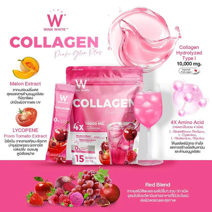 Wink White Collagen Pink Glow Plus 15 Sachets Hydrolyzed Collagen Type I 10000 mg Drink Mix with L-Glutathione Melon Extract Lycopene No Sugar Added - ZM Cosmetics