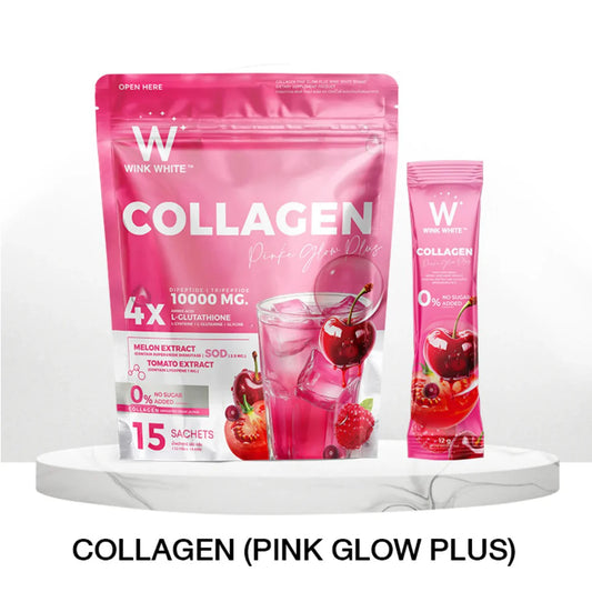 Wink White Collagen Pink Glow Plus 15 Sachets Hydrolyzed Collagen Type I 10000 mg Drink Mix with L-Glutathione Melon Extract Lycopene No Sugar Added - ZM Cosmetics